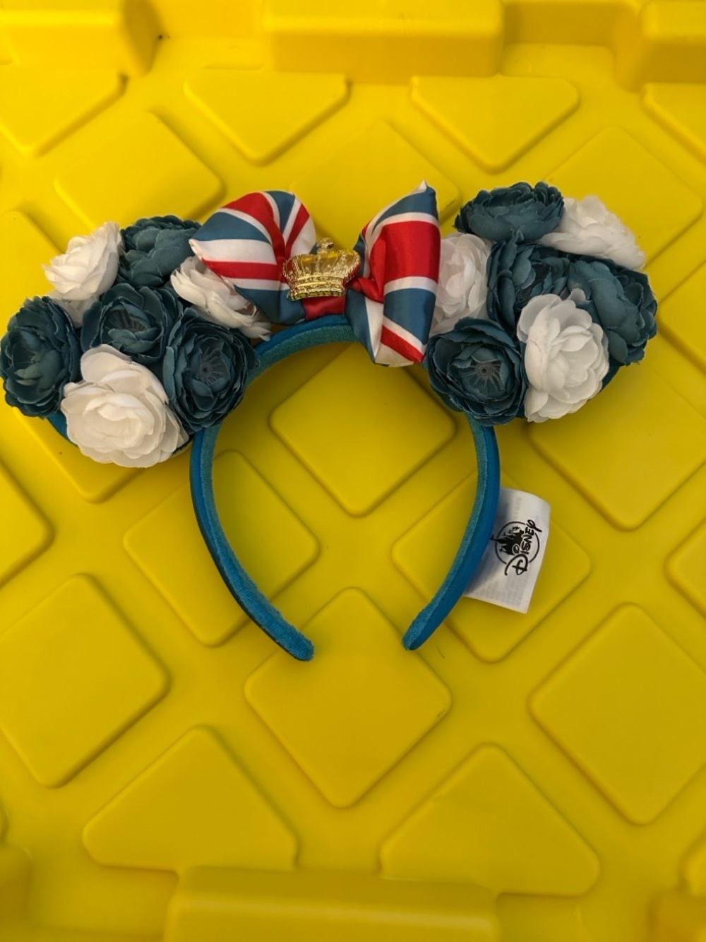 Disney Blue, Teal & White Floral Minnie Ears with Union Jack Bow